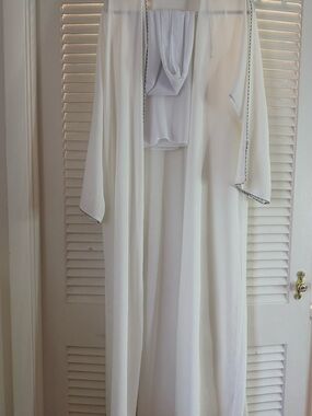 White Long Open abaya with beaded trim